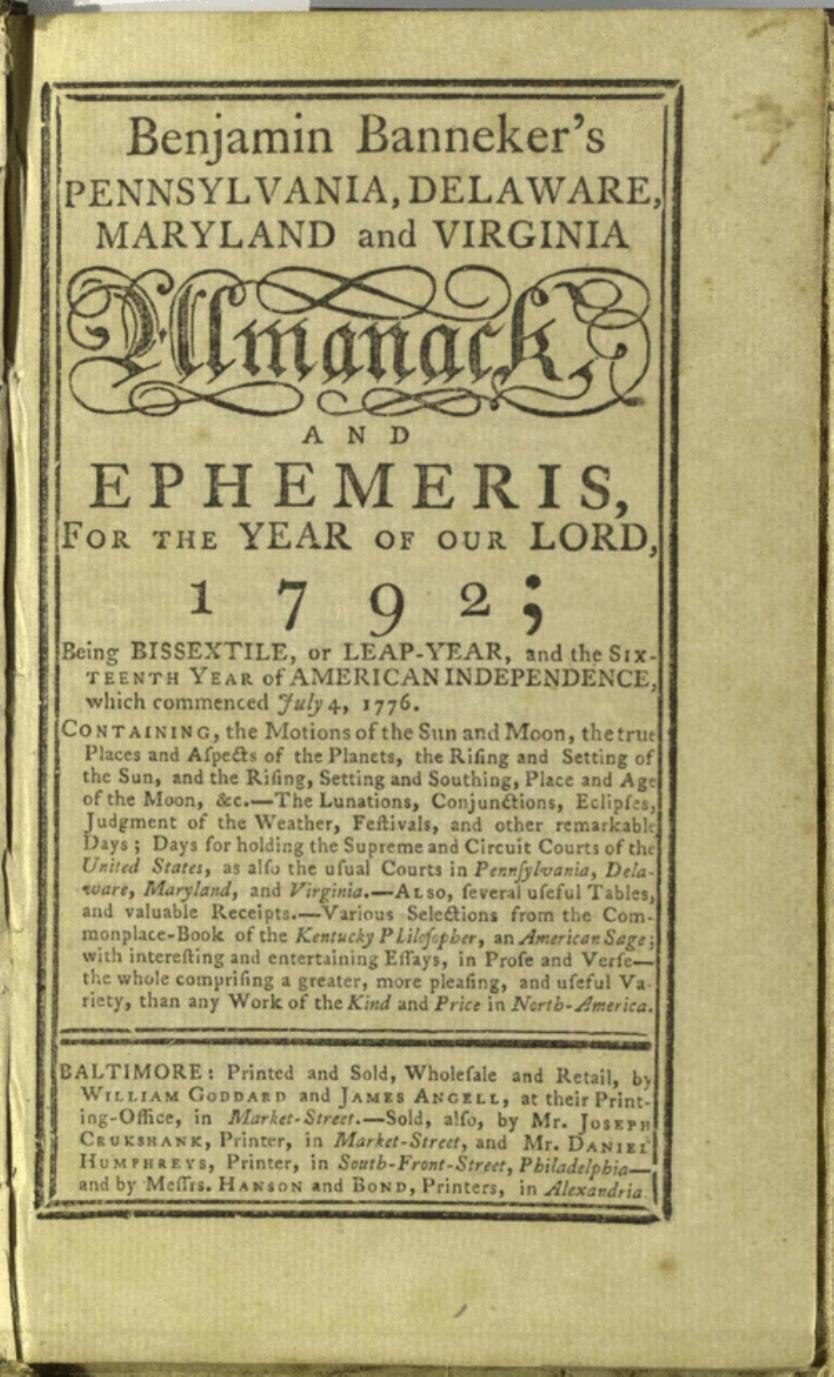 Title page of Benjamin Banneker’s 1792 almanac