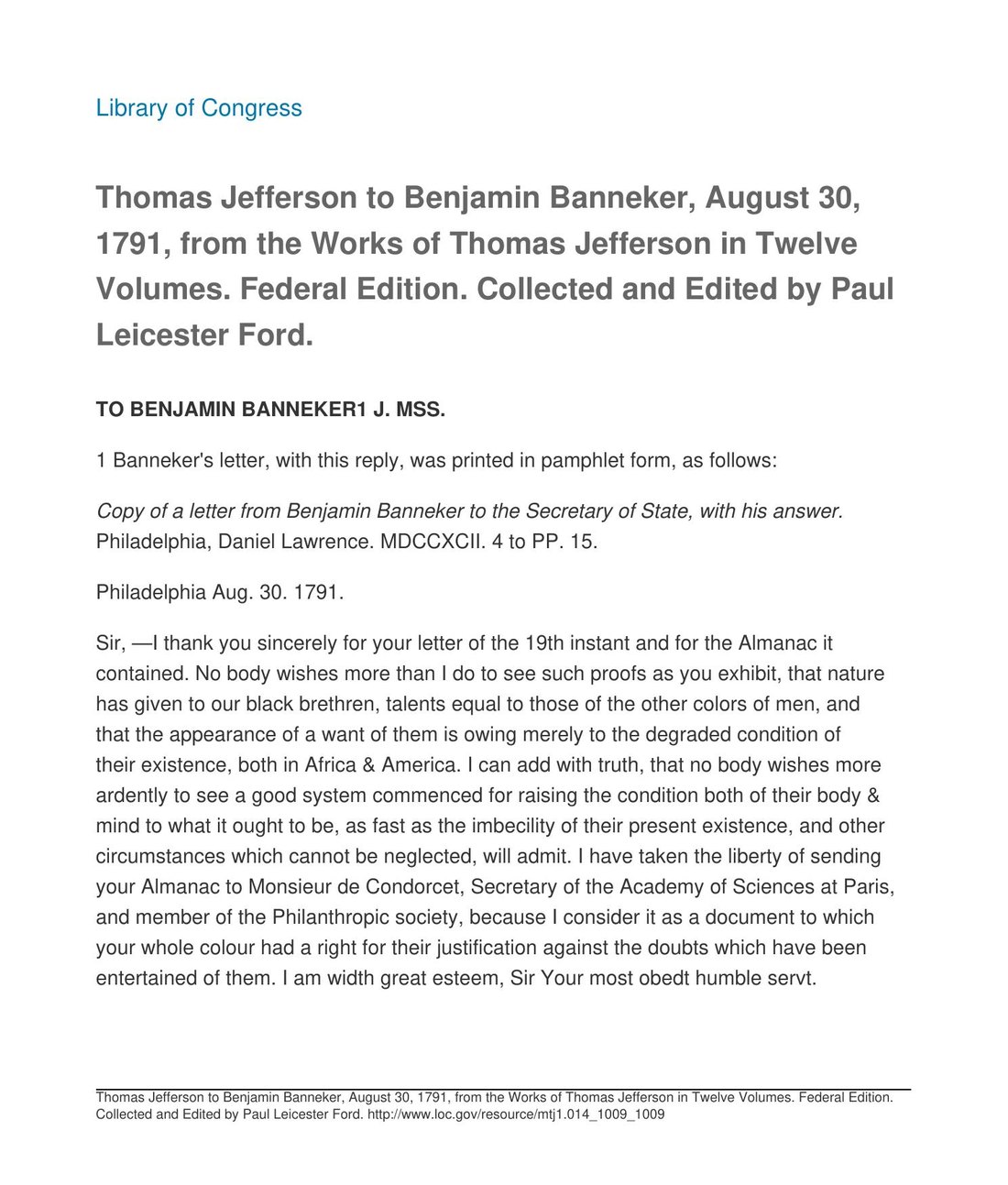 Printed archival text of Thomas Jefferson’s 1791 reply to Benjamin Banneker