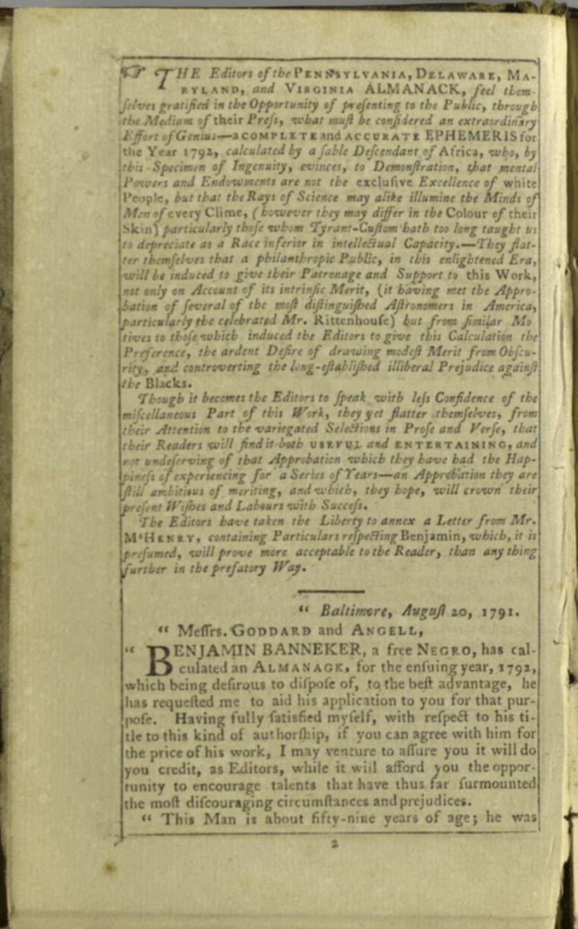 Introductory page from Benjamin Banneker's 1792 almanac