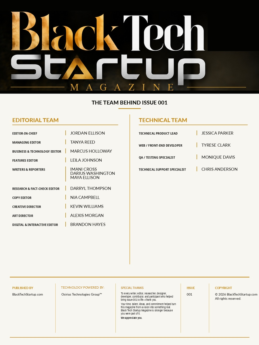 Black Tech Startup Magazine Issue 001 masthead and publication team